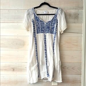 White and Blue Embroidered Mini Dress